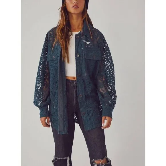 NWT FREE PEOPLE Sz M RUBY LACE JACKET SHIRT SHACKET IN CHARCOAL - Picture 2 of 4